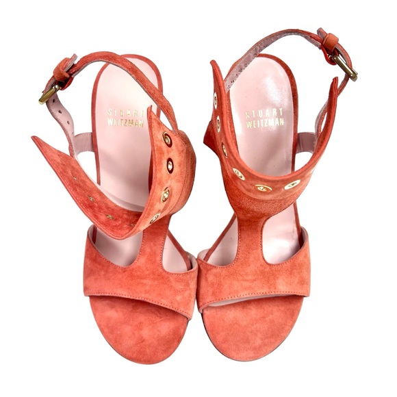 Stuart Weitzman Burnt Salmon Coral Suede Open Toe French Cuff Stiletto Heels - Picture 3 of 11